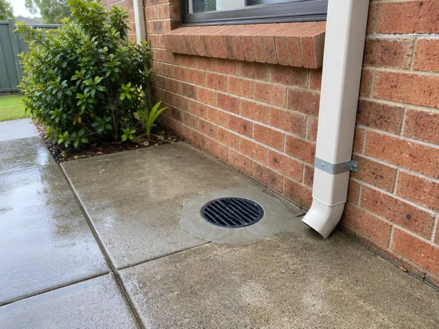 Outdoor drain grate beside wet concrete paving and a brick wall with a downpipe in Shortland