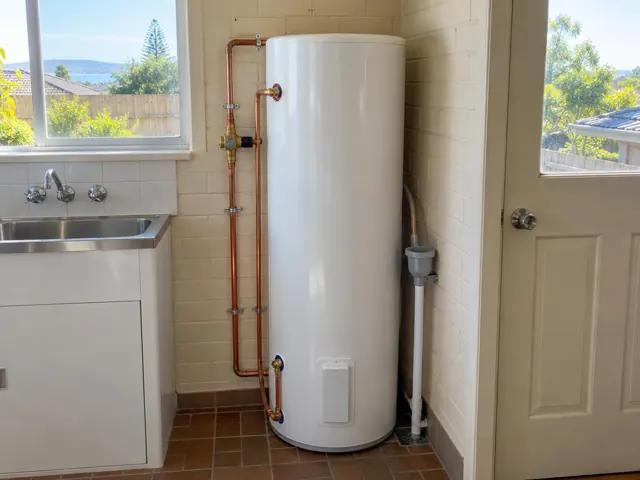 White hot water tank beside a laundry sink and tiled wall in a home in Sandgate